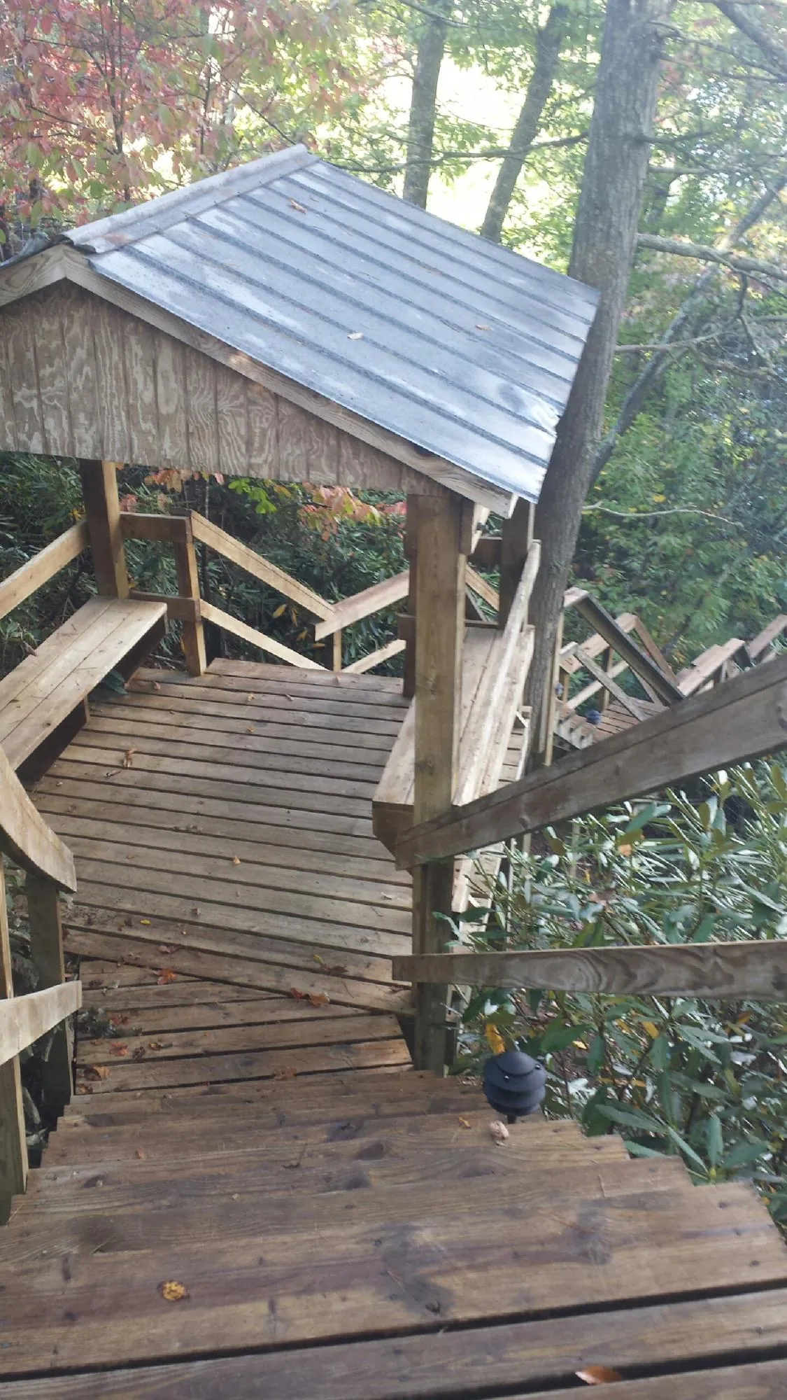 Metal roofed shelter over wooden steps on a wooded walkway — Skylight Repair & Installation work by our crew in Leonardville